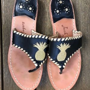 Jack Rogers black and gold pineapple flip flops